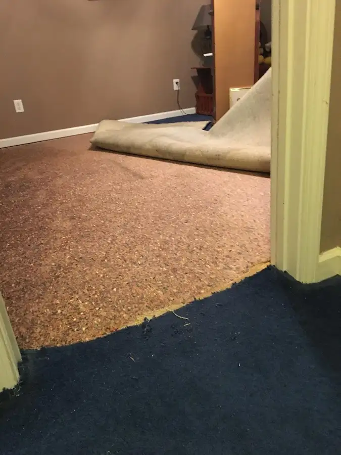 Carpet pad removal revealing water damage during Drying & Dehumidification in Mitchell